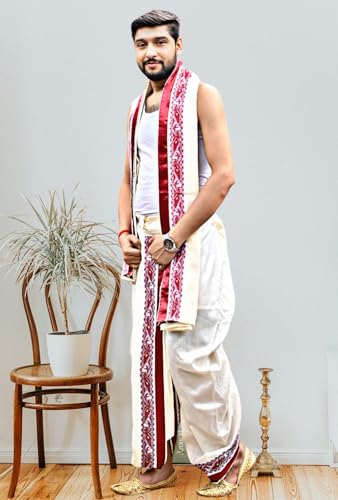Image of Men's Ethnic | Traditional Ready to wear (Pant System) Readymade Panchakacham Dhoti With Angavastram(Towel) Set, Tassar Silk, Free Size (GC002)
