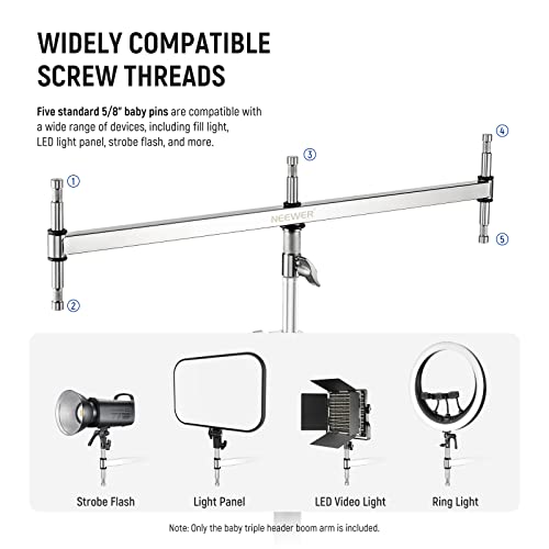 Image of NEEWER Baby Triple Header Boom Arm with Five 5 /8 inch Pins for LED Light /Strobe Flash, One 1-1 /8 inch Pin for C Stand /Light Stand with 16mm Baby Stud or 28mm Junior Receiver, Stainless Steel, UA005