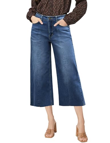 luvamia Wide Leg Capris Jeans for Women Trendy High Waisted Jean Capris Raw Hem Stretchy Denim Cropped Pants
