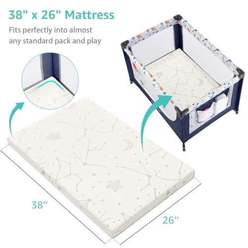 YENING Bamboo Pack and Play Mattress Pad Breathable 38x26 Waterproof Baby Mattress for Pack N Play Matress Topper Waterproof with Strap