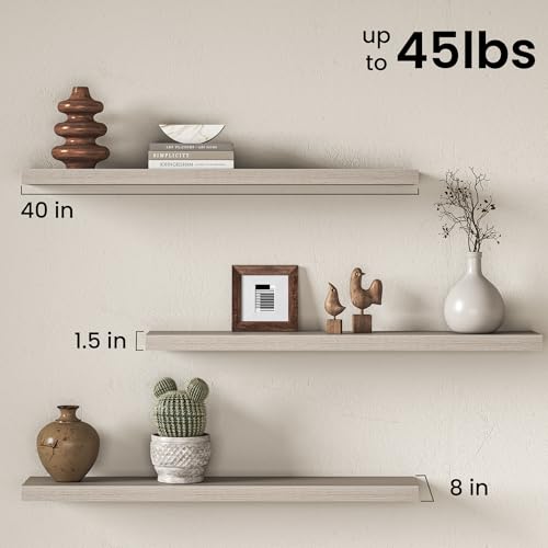 Image of Fun Memories 40Inch Floating Shelves for Wall, 8 Inch Deep Shelves for Bathroom|Bedroom|Kitchen, Large Wall Mounted Wood Hanging Shelf with Invisible Brackets for Home Storage Decor, Grey - 2 Pack