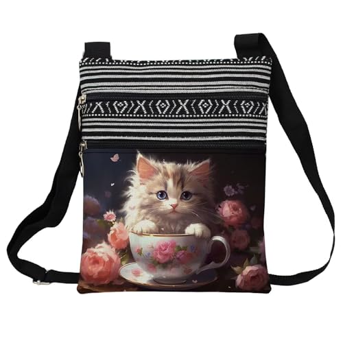 Butterfly Cup Cat Messenger Bag Small Ethnic Pattern Printed Adjustable Strap Crossbody Zipper Bag Butterfly Cup Cat Phone Bag Wallet Cute Shoulder Handbag for Women -3