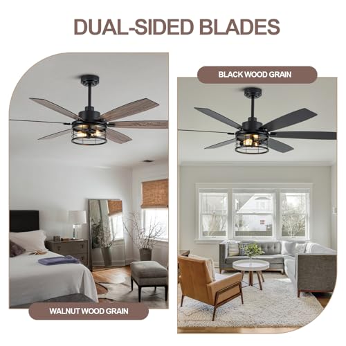 Image of 60 Inch Farmhouse Ceiling Fan with Light Black Rustic Ceiling Fan Quiet and Reversible DC Motor Caged Chandelier Fan for Living Room Bedroom