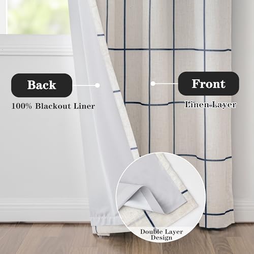 Image of MYSKY HOME 100% Blackout Plaid Linen Ceiling Curtains 102 Inch Long 2 Panels Set Double Layer Farmhouse Thermal Insulated Checkered Print Drapes for Living Room Bedroom, 2 Pcs, 52 inch Wide, Navy Blue