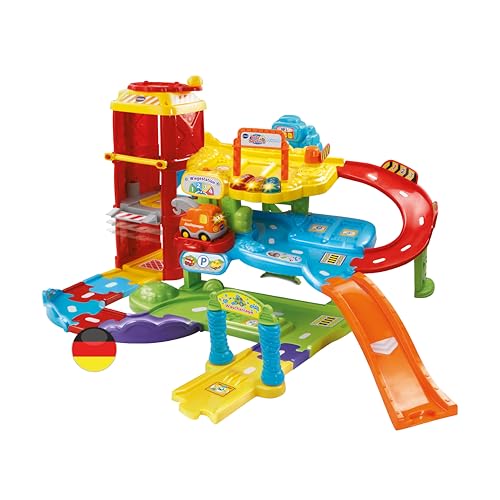 VTech Baby Flitzer - Parkgarage – Interaktives Spielzeug mit Abschleppwagen, Aufzug, Rutsche, Tankstelle u. v. m. – Für Kinder von 1-5 Jahren