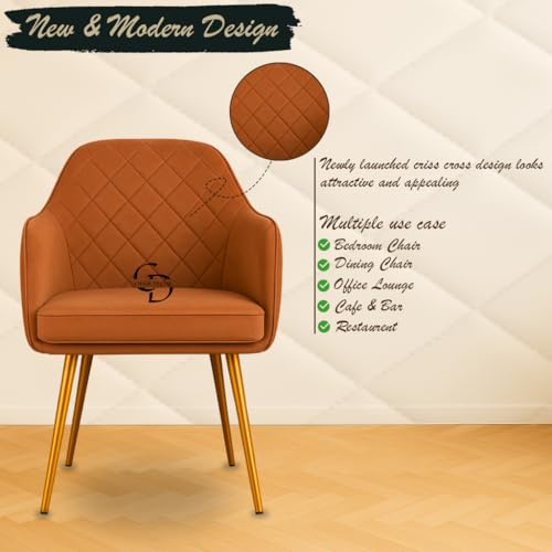 Image of Velvet Accent Chair with Matching Pouffe & Floral Cushion | Modern Upholstered Armchair with Gold Metal Legs | Lounge Chair for Living Room, Bedroom, Office, Guest Room (Light Brown Diona)