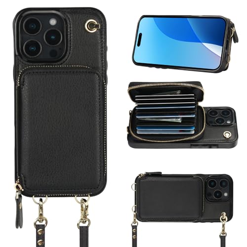 Bocasal Crossbody Wallet Case for iPhone 16 Pro Max RFID Blocking Leather Purse Case with Card Holder Protective Handbag Flip Cover with Zipper Wrist Strap Lanyard for Women 5G 6.9 Inch (Black)