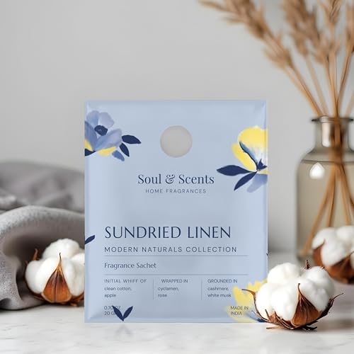 Image of Soul & Scents Sundried Linen Fragrance Sachet | A Comforting Aroma of Pure Cotton | Long-Lasting Air Freshener for Car, Wardrobe, Kitchen, and Travel Bag | Pack of 3-20gm Each