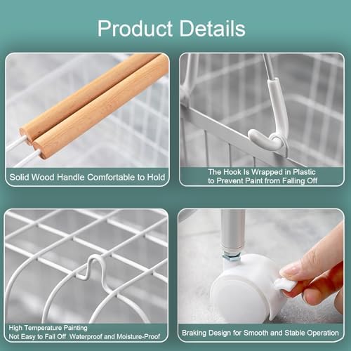 Double-Layer Laundry Basket with Wheels, Wooden Handles, Split Design for Easy Carrying, Large Capacity Clothes Hamper - Stylish White Laundry Organizer