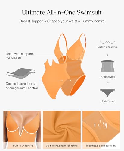 Image of Popilush One Piece Swimsuits for Women Tummy Control Deep V Neck Underwire Shapewear Swimsuit Summer Bathing Suits