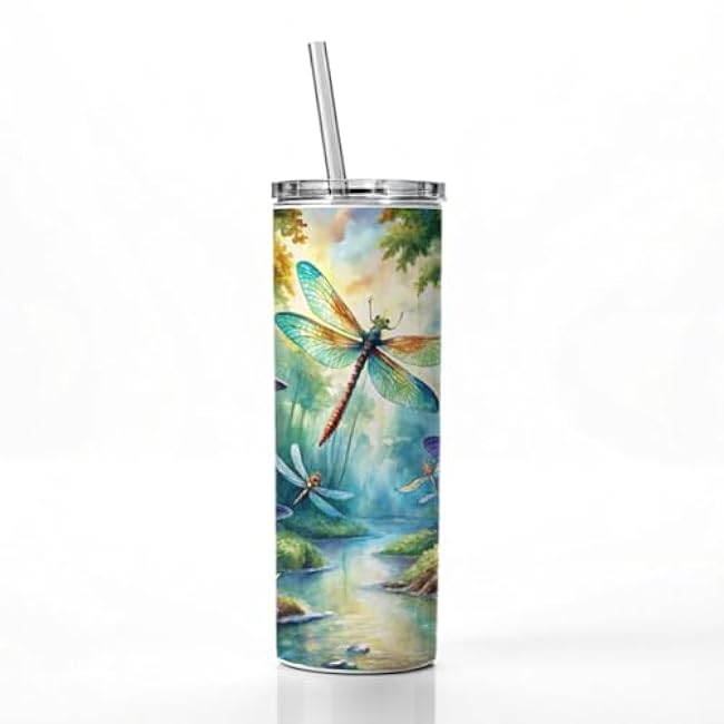 Dragonflies Forest Fantasy Watercolor Design Skinny Tumbler 20oz with Straw Insulated Water Bottle Gift