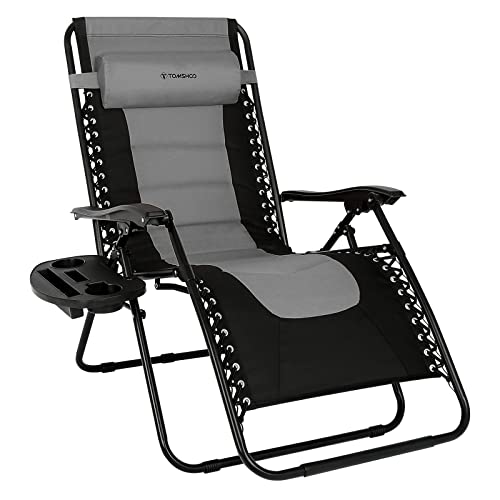 Tomshoo Padded Zero Gravity Chair Oversized Patio Recliner Chair Folding Camping Chairs With Cup Holder Adjustable Headrest Lounge Chairs For Outside Support 330Lbs (Gray) #TOP23