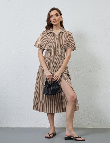 Image of MSBESYOR Women Button Front Pleated Shirt Maxi Dress Summer Striped Prints Short Sleeve Collar Casual Long Dresses