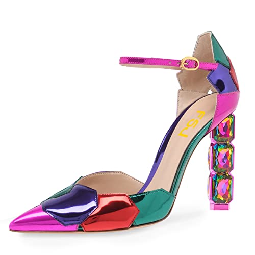 FSJ Women Shiny Crystal Heel Colorful Sandals Pointed Toe High Heel Ankle Strap Buckle Party Prom Dress Ladies Shoes Size 4-15 US