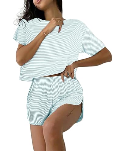 Image of Remidoo Women's Pajamas Set Striped Tee Shirts and Shorts Side Slit Crewneck Loungewear White XX-Large