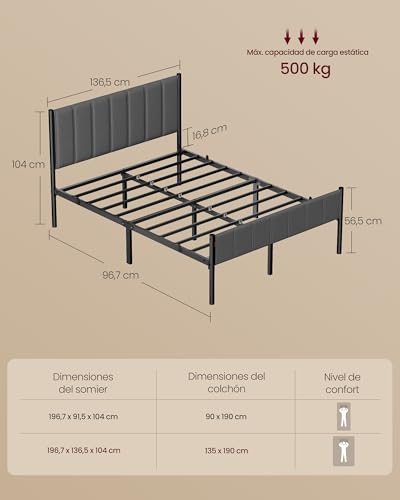 Miniatura 2 de VASAGLE Marco de Cama Doble, 135 x 190 cm, con Cabecero Tapizado, de Metal, 500 kg de Capacidad de Peso, Fácil Montaje, Gris Pizarra RMB976G02