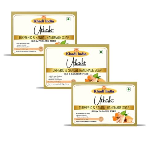 Image of Khadi Turmeric & Sandal Handmade Bathing Soap Bar 125g (Pack of 3) | Natural & Herbal | Glowing & Brightening Skin | For Even Skin Tone & Breakouts | All Skin Types | For Men & Women