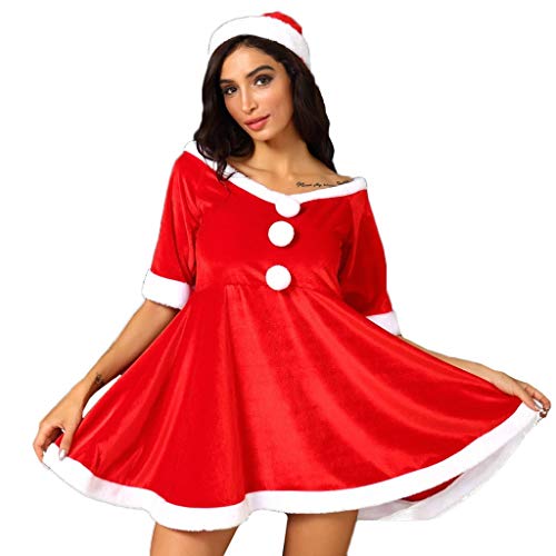 JURTEE Fashion Women Christmas Festival Cute V-Neck Hairball Dress Ball Gown Red Dress Xmas Costume(3XL,Red)