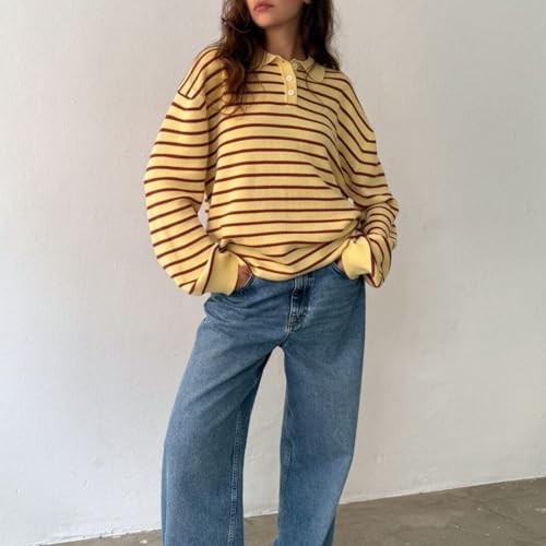 Women Oversized Striped Polo Sweatshirt Collared Long Sleeve Preppy Sweater Pullover Vintage Aesthetic Rugby Shirts2