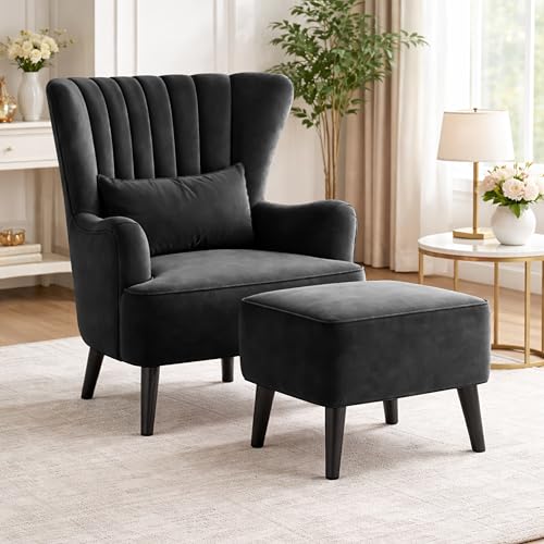 Image of Modern Velvet Wingback Accent Chair with Ottoman & Cushion for Living Room | Premium Upholstered Lounge Chair with Footrest |Black