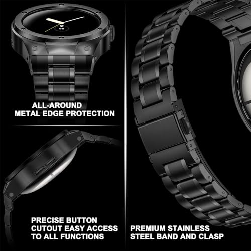 SUPLINK Stainless Steel Case and Bands Compatible with Google Pixel Watch 3 45mm Band for Men, Rugged Metal Protective Case Adjustable Replacement Strap for Pixel Watch 3 45mm (2024) - Black