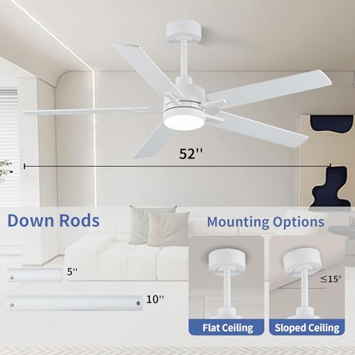 Image of LANMEL 52'' White Ceiling Fans with Lights and Remote, 6 Speed Low Profile Modern Ceiling Fan with Quiet DC Motor for Indoor Outdoor Bedroom Living Room