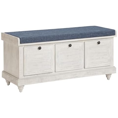 OSP Home Furnishings Dover Coastal Lift-Top Storage Bench with Shutter Face Styling, Distressed White Finish with Navy Fabric Cushion Cover