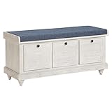 OSP Home Furnishings Dover Coastal Lift-Top Storage Bench with Shutter Face Styling, Distressed White Finish with Navy Fabric Cushion