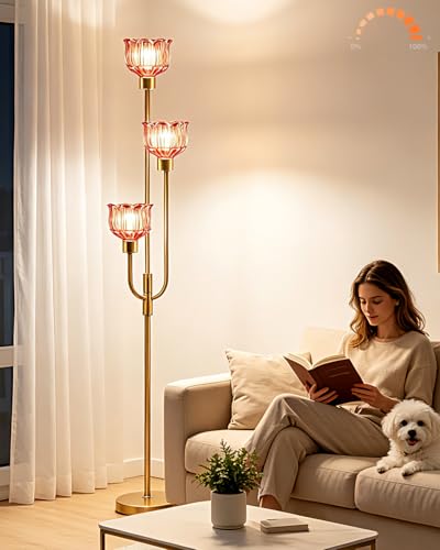 Image of 3-Lights Modern Glass Floor Lamp 66IN Gold Dimmable Floor Lamps with 3000K Warm White Bulbs for Wedding Party Tall Standing Lamp with Deep Red Glass Shade for Living Room /Bedroom /Girls Room