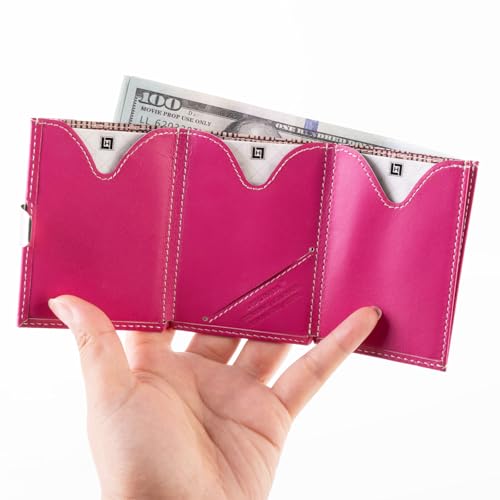 Image of LLH Leather Trifold Wallet - RFID Blocking with Stainless Steel Locking Clip Wallet, Minimalist Front Pocket RFID Blocking Credit Card Holder (Pink)