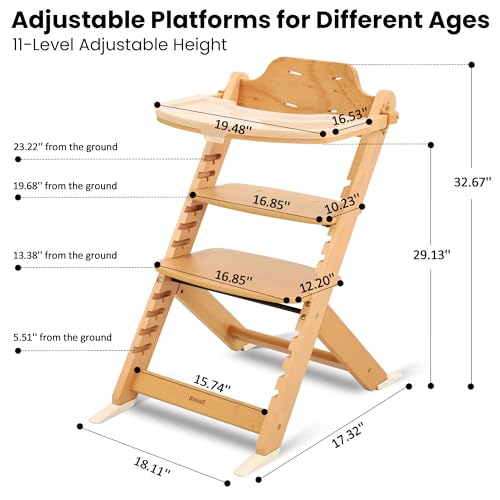 Image of Bateso High Chair for Babies and Toddlers, Wooden Highchair with Adjustable Seat & Convertible Footrest Heights, Baby Feeding Chair with Safety Harness & Removable Double Layer Tray