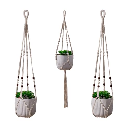 Makramee Blumenampel 3 Stück, Blumenampel hängend Innen, Hängender Blumentopfhalter, Hängetopf für Pflanzen mit Baumwollseil für Innen Außen Decken Balkone Wanddekoration, 88/90/92cm (Weiß)