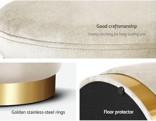 Image of Velvet Puffy Ottoman Stool, Round Footrest with Diamond Quilting and Gold Base, Grey, for Living Room, Bedroom and Dressing Area Grey (Cream)