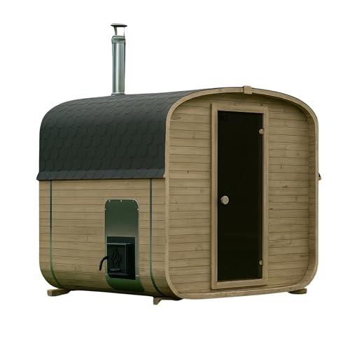 Gardj Fasssauna Garten Outdoor Sauna aus nordischer Fichte – Verschiedene Größen (2–6 Personen) – Wahlweise mit Holz- oder Elektroofen – Inkl. Zubehörset (180 cm, Quadratische, Holzofen)