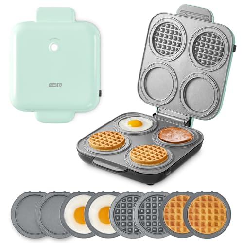 Dash MultiMaker® Family Mini Maker System - Dual Ceramic Nonstick Cooking Surfaces - Built-In Cord Wrap - Makes 4-Inch Waffles - Aqua, 8 Plates