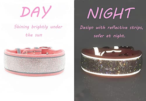 Bling Diamond Dog Collar For Females Girls,Soft Velvet Leather With Bling Fancy Sparkly Crystal Rhinestones,Reflective Stripe,Suit Medium Large Dogs Puppies (Pink, M) #TOP2