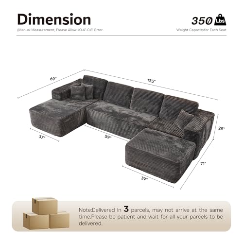 ovios Sectional Cloud Couch for Living Room, Modular Floor Sofa with Plush Corduroy, No Assembly Required, Big Comfy Couches Set with Fluffy Memory Foam, Stupendous U Shaped Sofas with Chaise, Grey