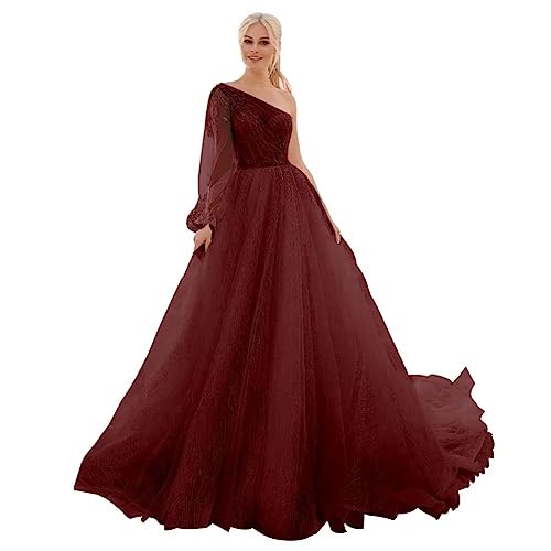 One Shoulder Tulle Prom Dresses Glitter Ball Gown Wedding Dress with Appliques Princess Formal Gown Size 20, Burgundy