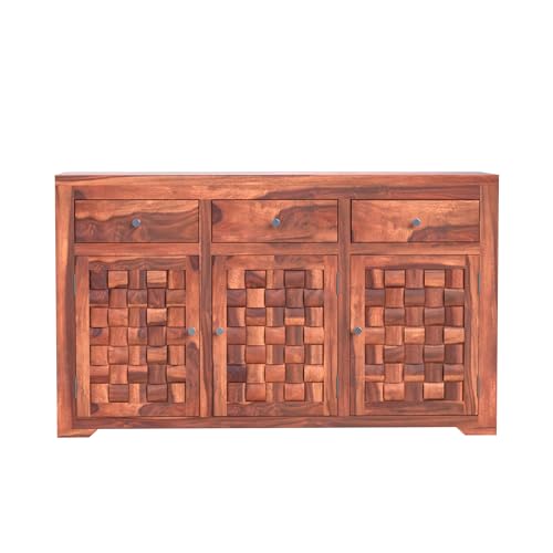 Image of Krishna Wood Decor Sheesham Wood Sideboard Cabinet with 3 Drawers & 3 Door Storage | Wooden Storage Unit for Living Room Dining Room | Solid Wood Organizer Furniture with Modern Design | Honey Finish