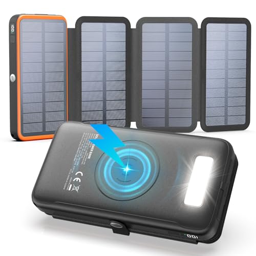 Wireless Charging Power Bank FEELLE Solar Charger Power Bank, 27000mAh Wireless Portable Charger with 4 Solar Panels, 22.5W Fast...