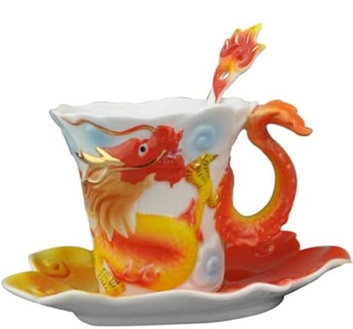 Eplze YBK Tech Tasse à thé en porcelaine anglaise avec soucoupe et cuillère Motif dragon chinois 3D Rouge Cover