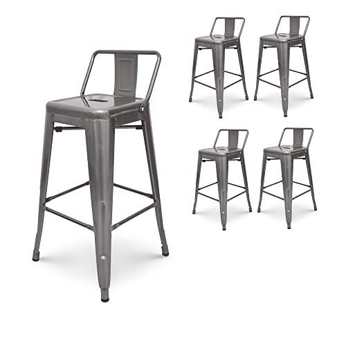 Kosmi - Lot de 4 tabourets de Bar en métal Brut avec Petit Dossier, Chaise de Bar Tabouret métal Hauteur 66cm