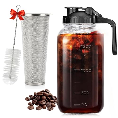 Image of ANKUL Cold Brew Coffee Maker Glass Pitcher Set - 1.8L Mason Jar with Stainless Steel Filter & Cleaning Brush - Iced Coffee Brewer with Lid & Handle for Home or Office (Ankul - 11)