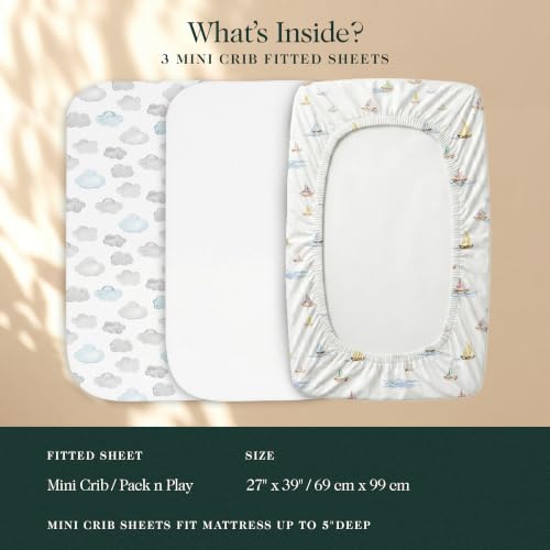 Image of 100% Organic Cotton Mini Crib Sheets (3-Pack) - GOTS Certified, Soft Fitted Sheets for Mini Mattress & Pack n Play, 5 in Deep Pocket with Secure Elastic Fit, Boys & Girls, (27 inch x 39 inch) Watercolors