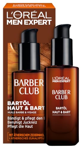LOréal Men Expert Bartöl für Männer Unterstützung beim gesunden Bartwachstum Beruhigende Bartpflege für Herren mit holzigem Duft und ätherischem Zedernholzöl Barber Club 1 x 30 ml
