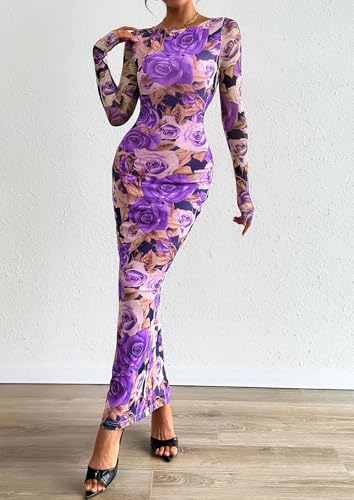 Image of PRETTYGARDEN Bodycon Maxi Dress 2025 Fall Floral Long Sleeve Sexy Mesh Cocktail Wedding Guest Long Dresses