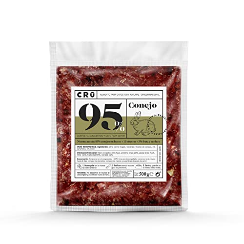 CRU - Comida Natural cruda monoproteica de Conejo para Gatos. Menú Barf. Congelado - 10 de Paquetes de 500g