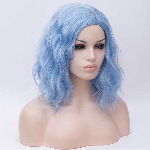 Image of BERON Blue Wigs for Women Girls Short Curly Wavy Hair Wig Light Blue Colored Halloween Cosplay Daily Party Wigs