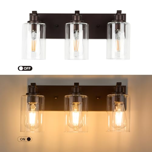 Image of 3-Light Bathroom Light Fixtures Modern ORB Vanity Lights | Easy to Install Clear Glass Shades, Wall Mount Up or Down, E26 Socket, Hardwired, 121V