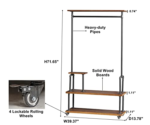Dofurnilim Industrial Clothing Rack, Pipe Style Rolling Garment Rack, Heavy Duty Steampunk Clothes Rack, Hall Tree On Wheels With Shelf And Shoes Storage For Home, Retail Store, Rustic Wood #TOP3